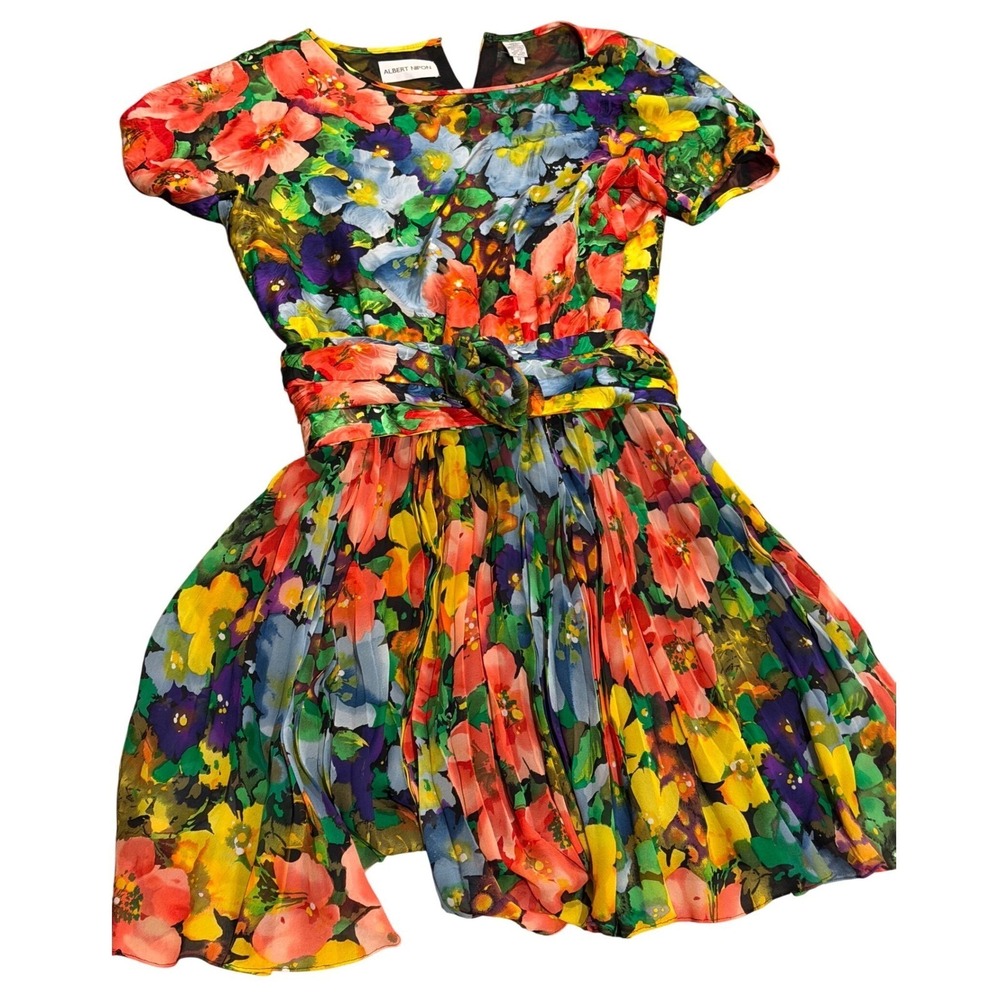Albert‎ Nipon Vintage 100% Silk Floral Pleated Dress Multicolor Short Sleeve 14 - Picture 6 of 6